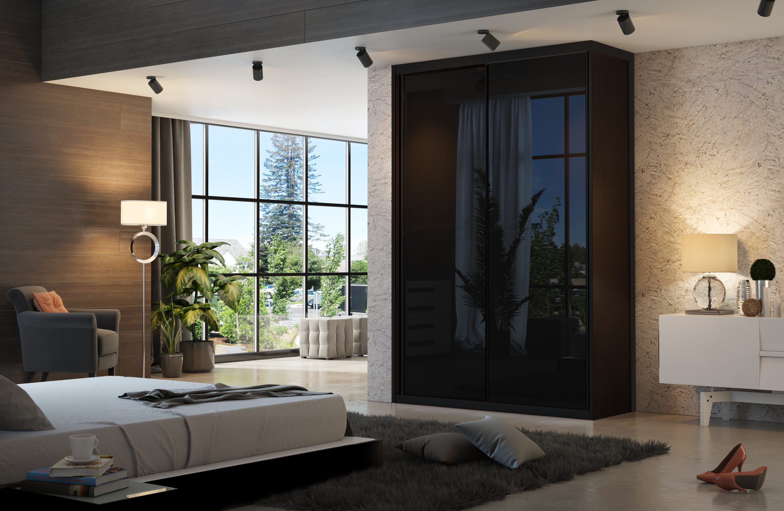 ארון הזזה עם זכוכית שחורה